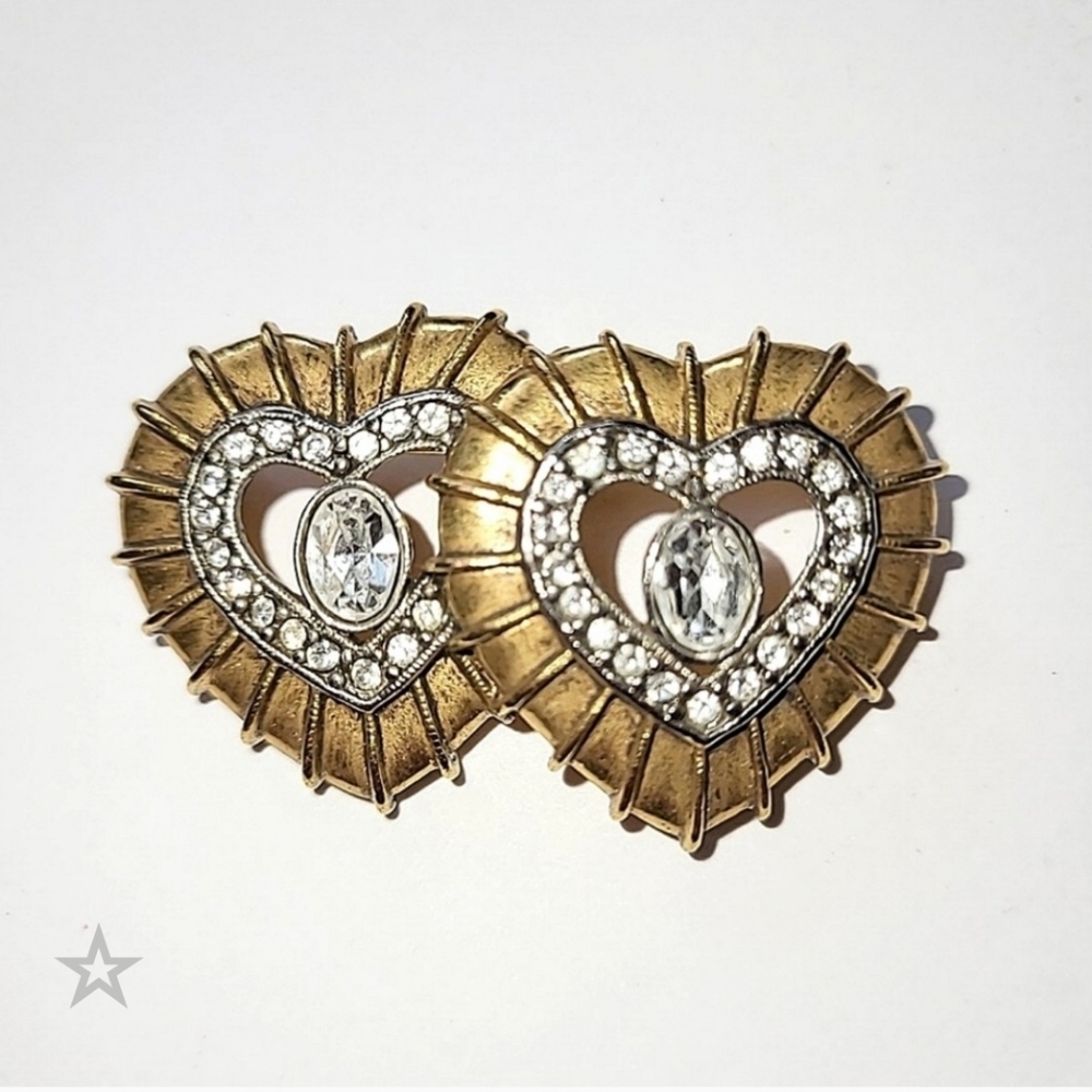 DOUBLE HEART RHINESTONE VINTAGE PIN BROOCH